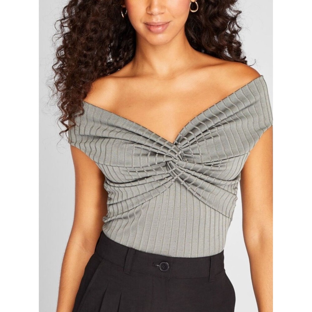 NWT Club Monaco Olive Twist-Front Ribbed Off Shoulder Top Size Medium